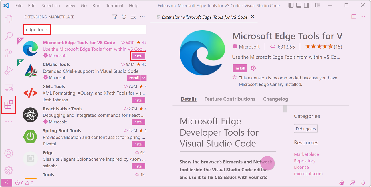 Screenshot of VSCode showing the Extensions sidebar with the Edge Tools for VS Code extension displayed