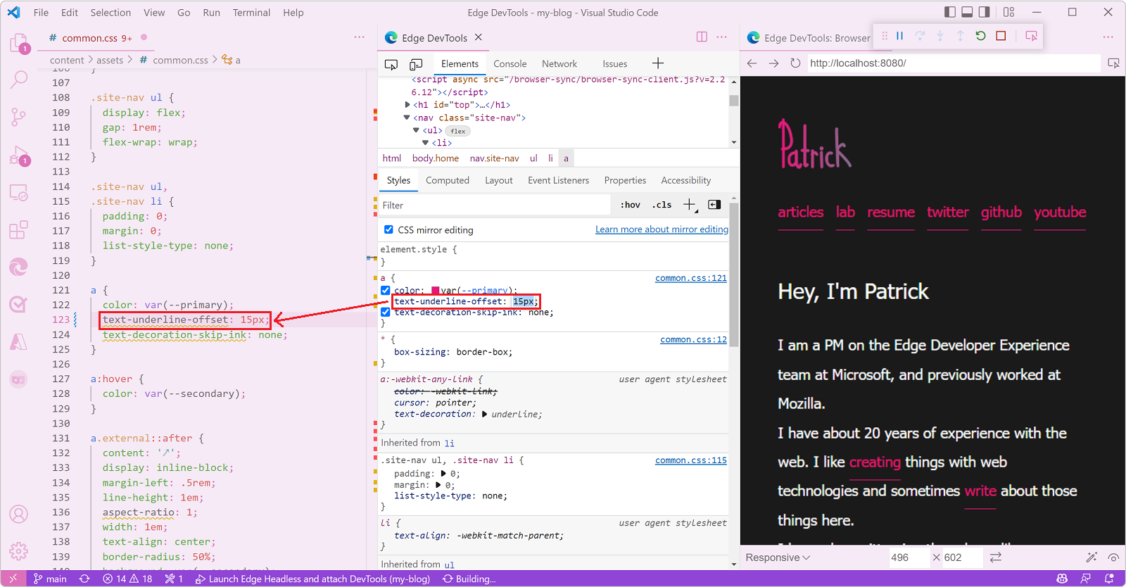 Screenshot of VSCode showing editing a CSS value in the DevTools pane and the value being reflected in the source file